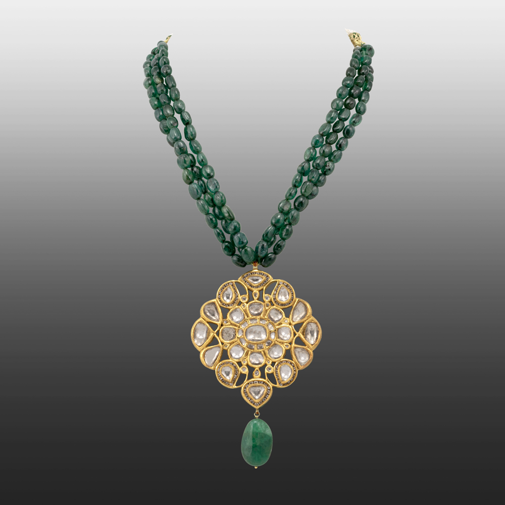 Three-Strand Zambian Emerald Necklace with Polki Pendant